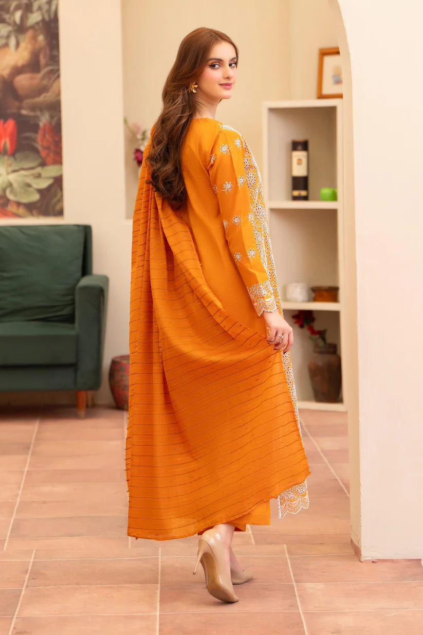 SUMMER- 3PC LAWN CHIKENKAARI EMBROIDERED SHIRT WITH LAWN TUBE SLUB DUPATTA AND TROUSER-5290