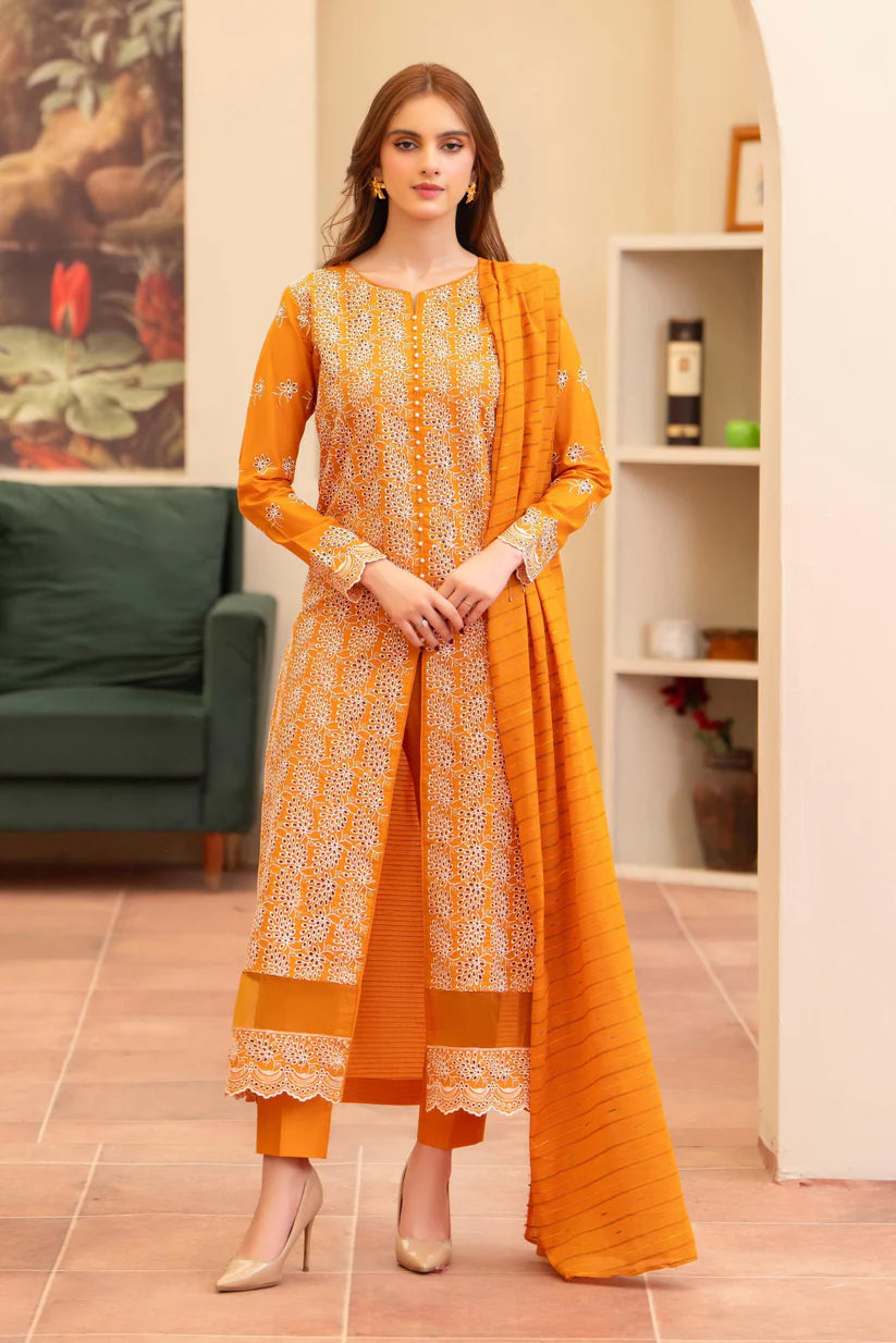 SUMMER- 3PC LAWN CHIKENKAARI EMBROIDERED SHIRT WITH LAWN TUBE SLUB DUPATTA AND TROUSER-5290
