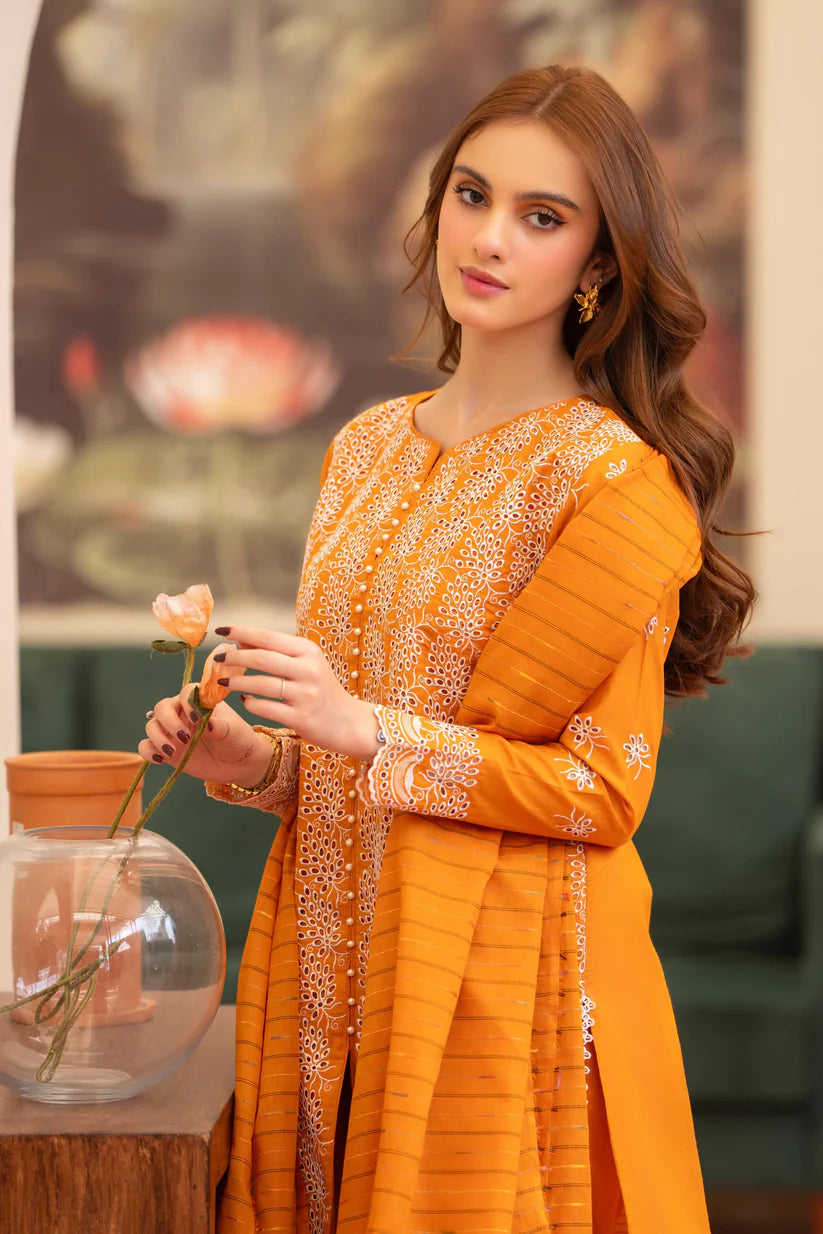 SUMMER- 3PC LAWN CHIKENKAARI EMBROIDERED SHIRT WITH LAWN TUBE SLUB DUPATTA AND TROUSER-5290