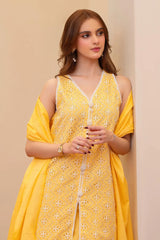 SUMMER- 3PC LAWN CHIKENKAARI EMBROIDERED SHIRT WITH LAWN TUBE SLUB DUPATTA AND TROUSER-6200