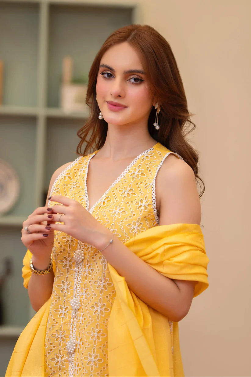 SUMMER- 3PC LAWN CHIKENKAARI EMBROIDERED SHIRT WITH LAWN TUBE SLUB DUPATTA AND TROUSER-6200
