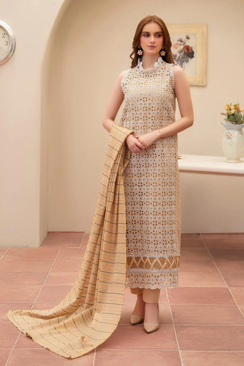 SUMMER - 3PC LAWN CHIKENKAARI EMBROIDERED SHIRT WITH LAWN TUBE SLUB DUPATTA AND TROUSER-6100