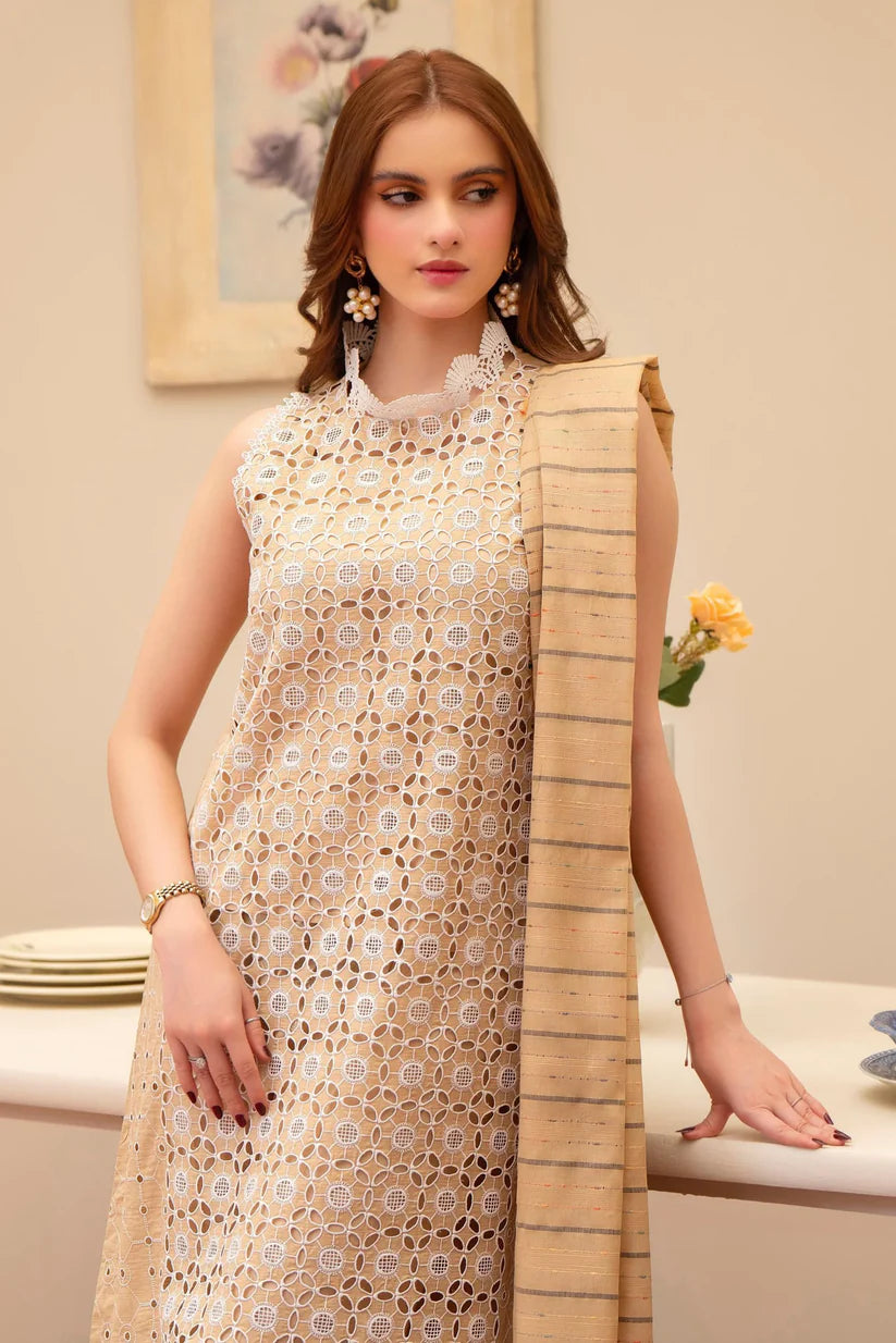 SUMMER - 3PC LAWN CHIKENKAARI EMBROIDERED SHIRT WITH LAWN TUBE SLUB DUPATTA AND TROUSER-6100