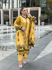 WINTER-3PC KARANDI PRINTED EMBROIDERED SHIRT WITH KARANDI PRINTED EMB SHAWL & PRINTED TROUSER-