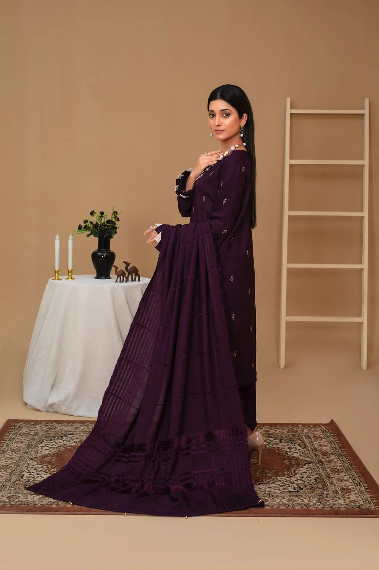 WINTER-3PC Dhanak Embroidered Shirt with Velvet Dhanak Shawl and Trouser-PLUM