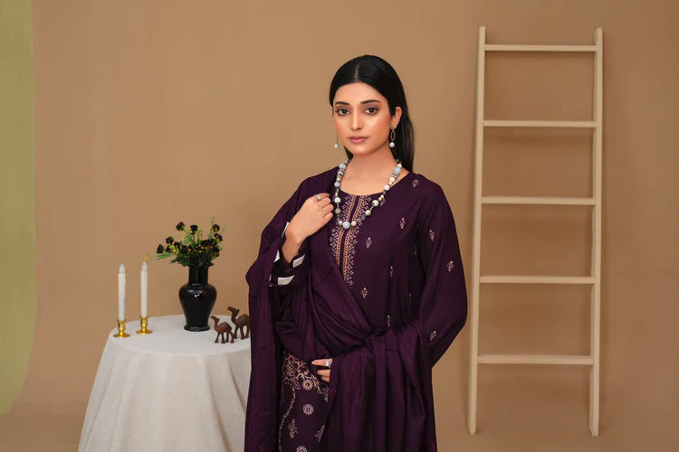 WINTER-3PC Dhanak Embroidered Shirt with Velvet Dhanak Shawl and Trouser-PLUM
