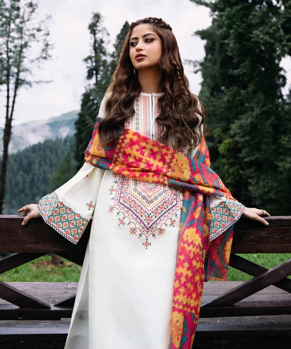 WINTER-3PC DHANAK EMBROIDERED SHIRT WITH WOOL PRINT SHAWL AND TROUSER-4006