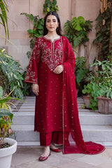 WINTER-3PC DHANAK EMBROIDERED SHIRT WITH CHIFFON EMBROIDERED DUPATTA AND TROUSER-5019