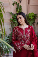 WINTER-3PC DHANAK EMBROIDERED SHIRT WITH CHIFFON EMBROIDERED DUPATTA AND TROUSER-5019