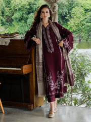WINTER-3PC DHANAK EMBROIDERED SHIRT WITH COUTRAI PRINTED SHAWL AND TROUSER-5267