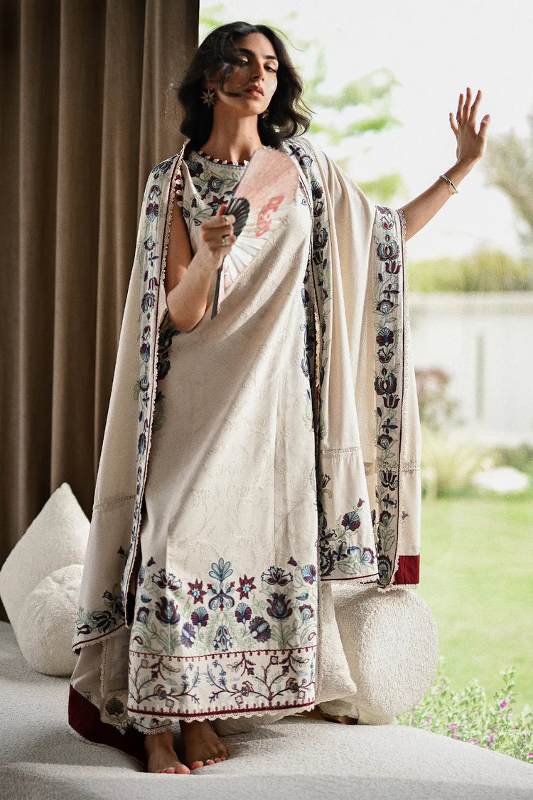 WINTER-3PC KARANDI EMBROIDERED SHIRT WITH KARANDI EMBROIDERED SHAWL AND TROUSER-4333