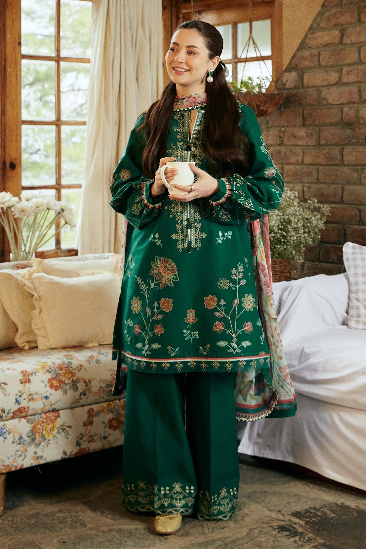 SUMMER-3PC LAWN EMBROIDERED SHIRT WITH MONARK PRINT DUPATTA & EMBROIDERED TROUSER-3545