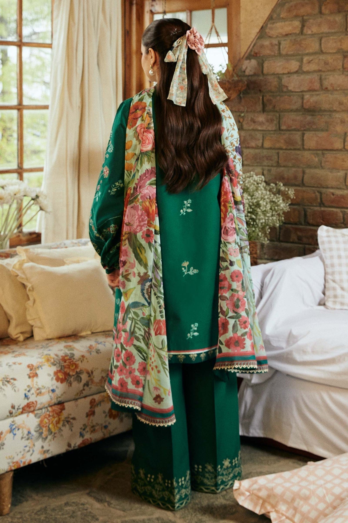 SUMMER-3PC LAWN EMBROIDERED SHIRT WITH MONARK PRINT DUPATTA & EMBROIDERED TROUSER-3545