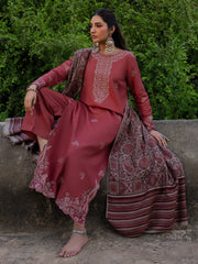 WINTER-3PC DHANAK EMBROIDERED SHIRT WITH COURTRAI PRINTED SHAWL & TROUSER-4356