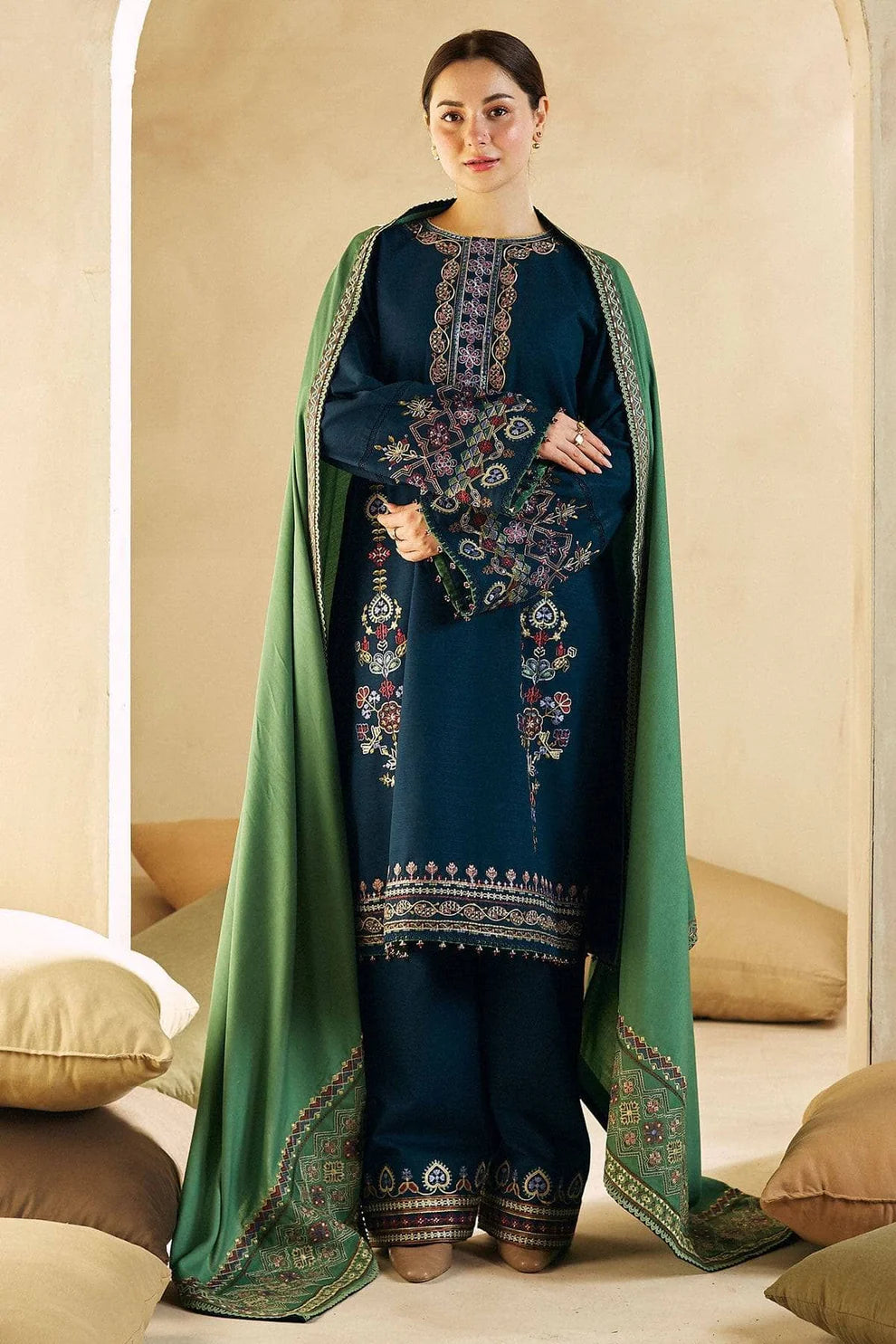 WINTER- 3PC DHANAK EMBROIDERED SHIRT DHANAK EMBROIDERED SHAWL AND TROUSER-3130