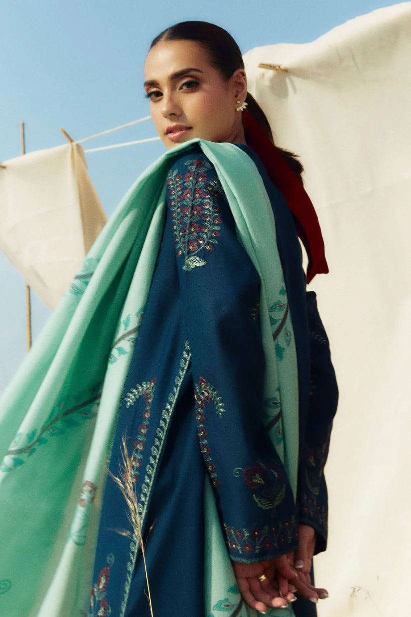 WINTER- 3PC KHADDAR EMBROIDERED SHIRT WITH COURTAI WOOL PRINT SHAWL AND TROUSER-3337