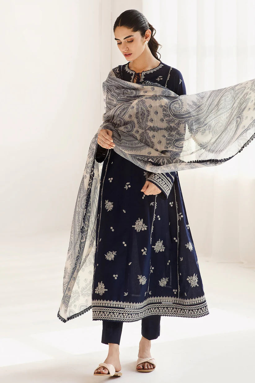 WINTER-3PC DHANAK SEQUENCE EMBROIDERED SHIRT WITH COUTRAI PRINTED SHAWL & DHANAK TOUSER-4182