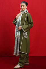 WINTER-3PC Dhanak Embroidered Shirt With Dhanak Twil Print Wool Shawl & Trouser-3361