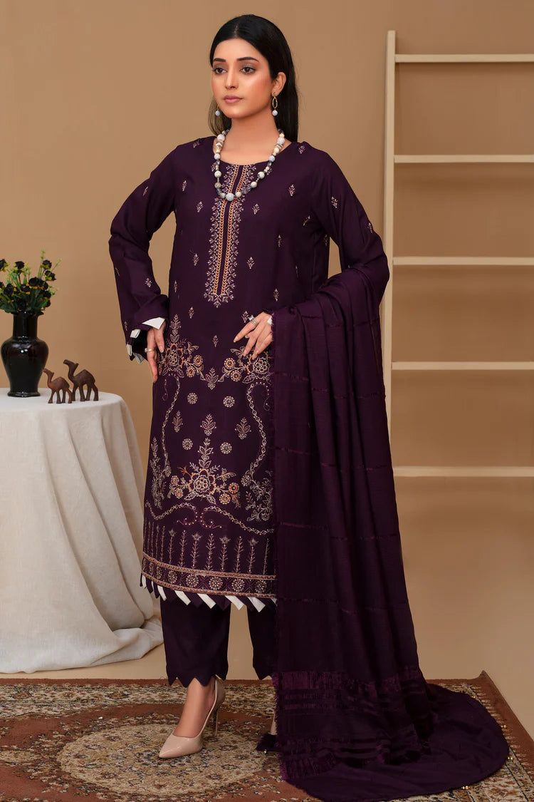 WINTER-3PC Dhanak Embroidered Shirt with Velvet Dhanak Shawl and Trouser-PLUM