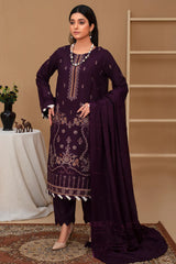 WINTER-3PC Dhanak Embroidered Shirt with Velvet Dhanak Shawl and Trouser-PLUM
