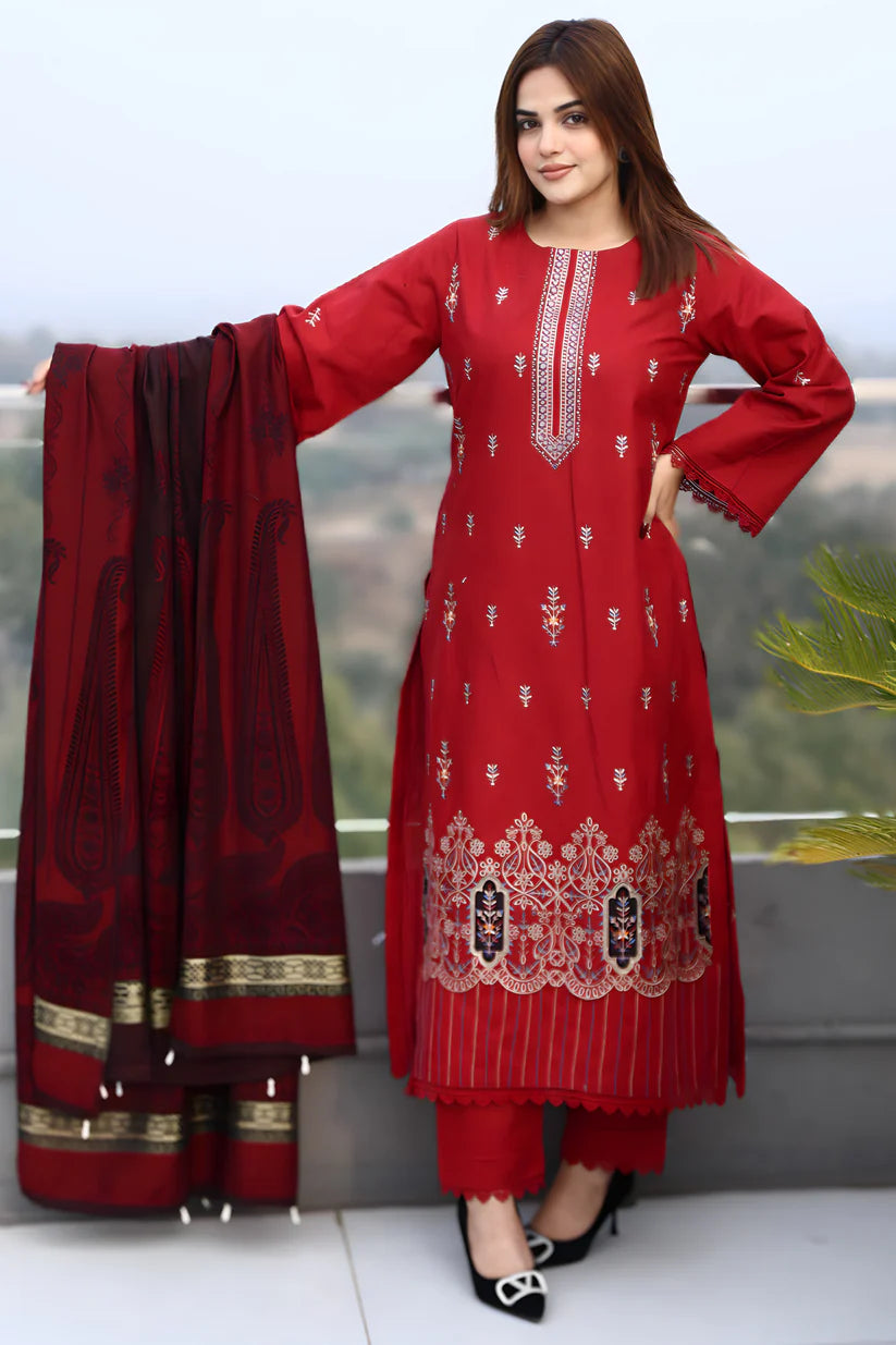 WINTER-3PC KHADDAR CUTWORK EMBROIDERED SHIRT WITH KASHMIRI JACQUARD WOOL SHAWL-1552
