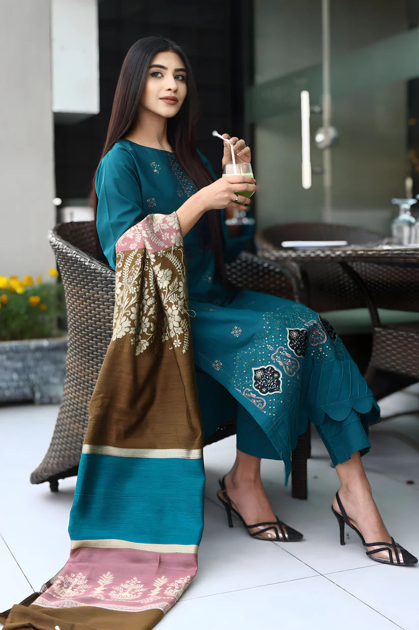 WINTER-3PC KHADDAR CUTWORK EMBROIDERED SHIRT WITH KASHMIRI JACQUARD WOOL SHAWL-1516
