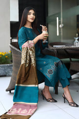 WINTER-3PC KHADDAR CUTWORK EMBROIDERED SHIRT WITH KASHMIRI JACQUARD WOOL SHAWL-1516