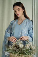 BrandsInn-3PC DHANAK EMBROIDERED SHIRT WITH WOOL DIGITAL PRINTED SHAWL AND TROUSER-4109