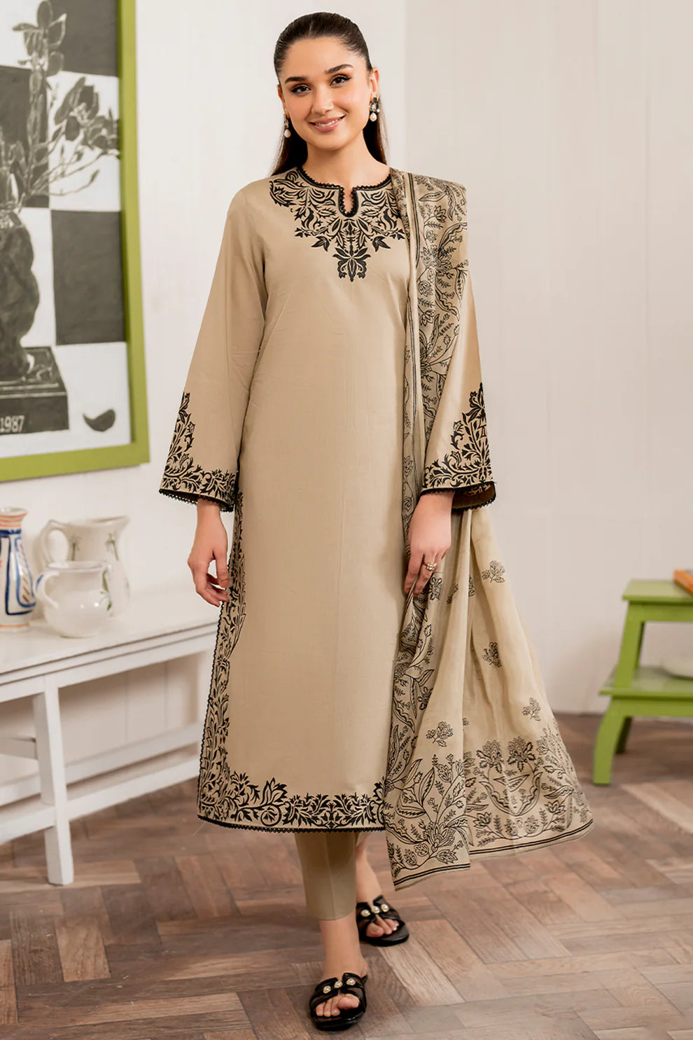 WINTER-3PC DHANAK EMBROIDERED SHIRT WITH COUTURE PRINT SHAWL AND TROUSER-4108