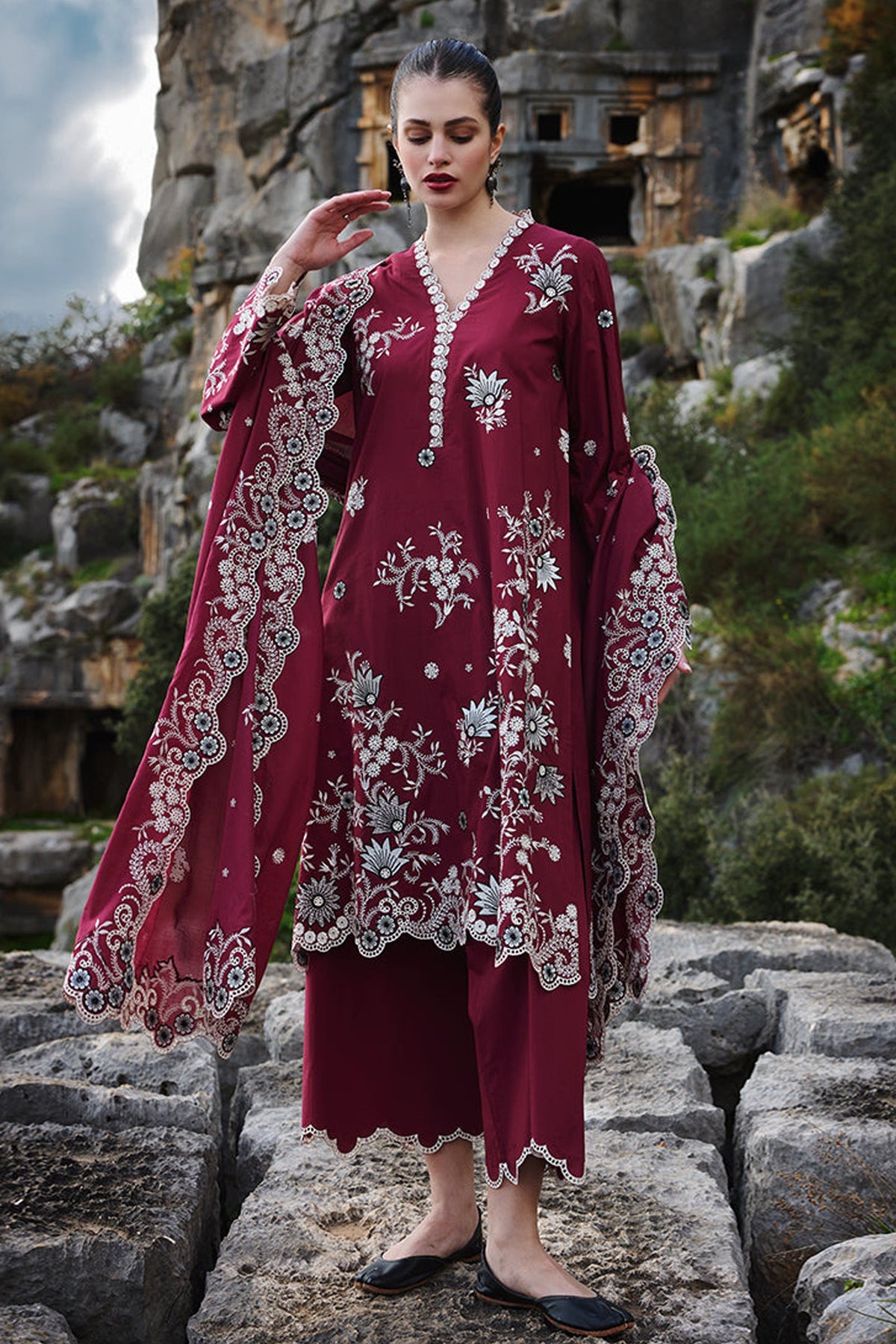 SUMMER-3PC LAWN EMBROIDERED SHIRT WITH MONARK EMBROIDERED DUAPATTA AND TROUSER-3715