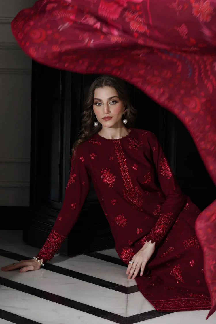 WINTER-3PC DHANAK EMBROIDERED SHIRT WITH COURTRAI PRINTED SHAWL & TROUSER-