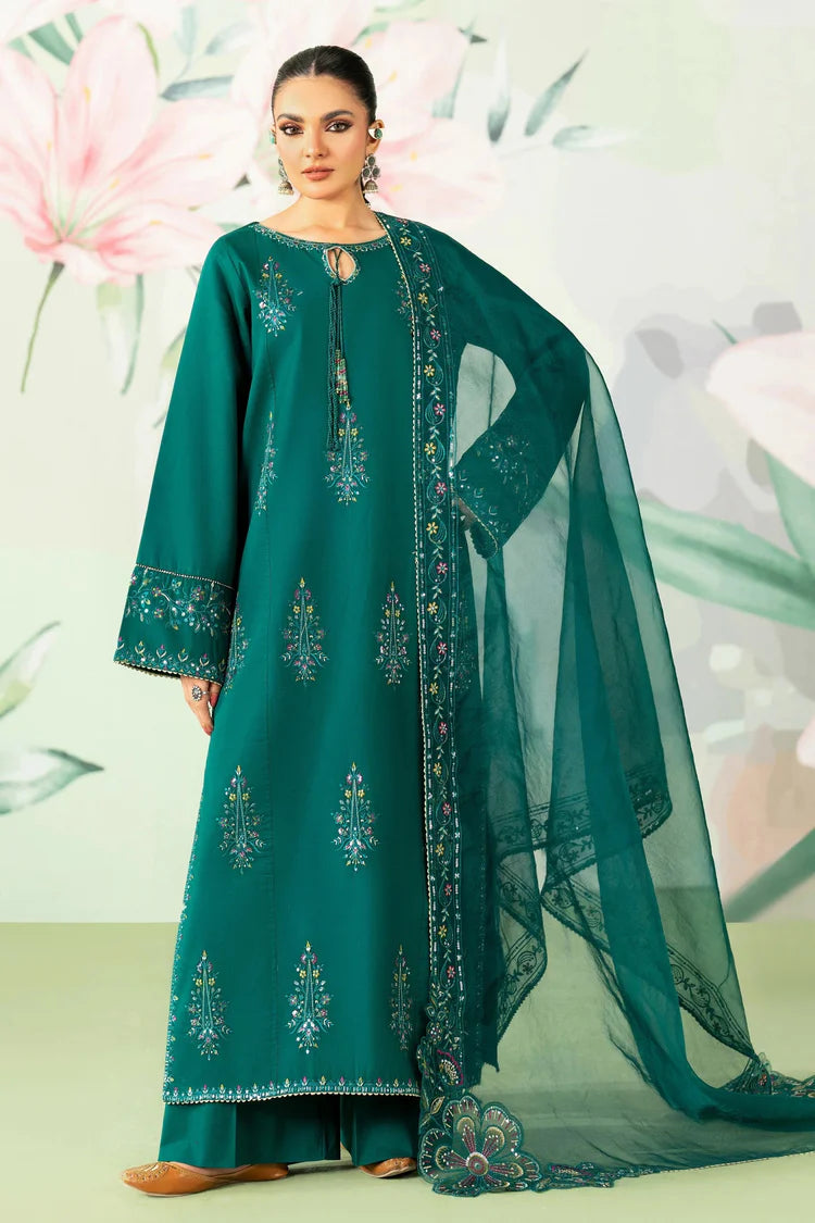 SUMMER-3PC LAWN SEQUIN EMBROIDERED SHIRT WITH ORGANZA EMBROIDERED DUPATTA AND TROUSER-4635