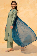 SUMMER-3PC LAWN EMBROIDERED SHIRT WITH CHIFFON EMBROIDERED DUPATTA AND TROUSER-