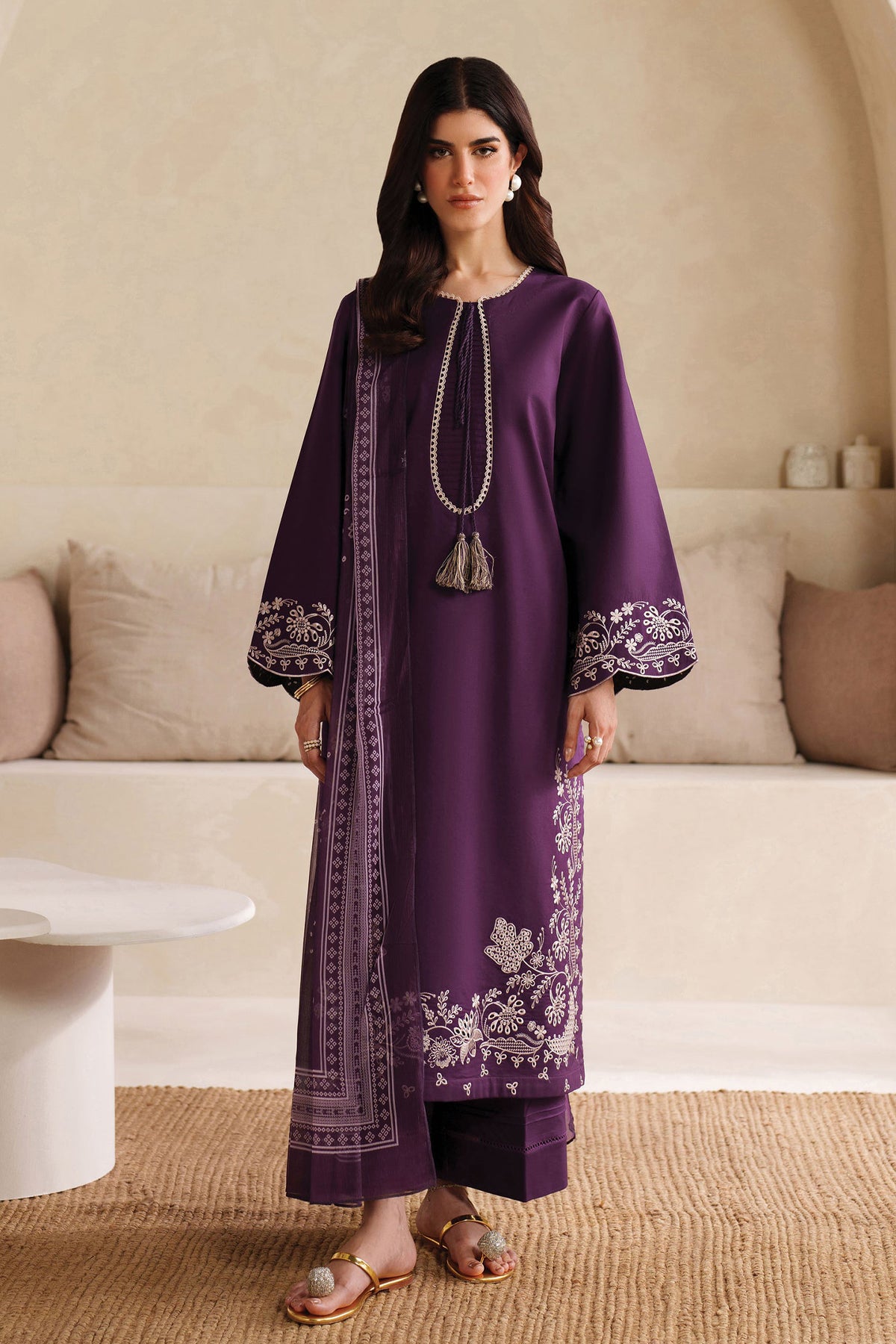 WINTER-3PC DHANAK EMBROIDERED SHIRT WITH COURTRAI PRINTED SHAWL AND TROUSER-4305