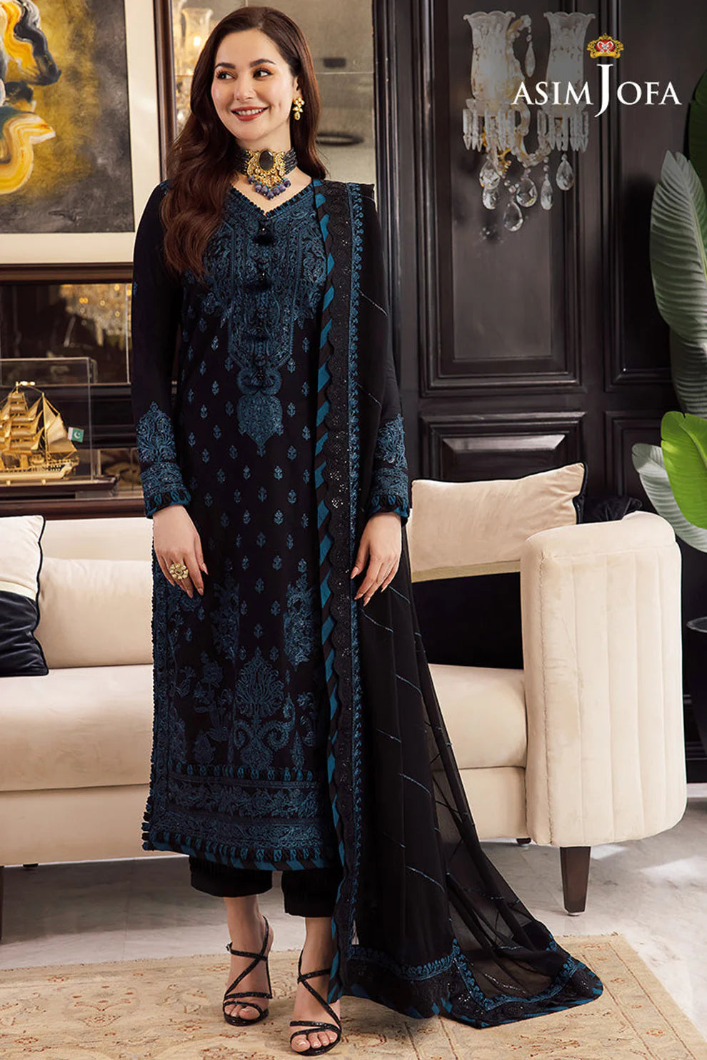 ASIM JOFA- 3PC DHANAK EMBROIDERED SHIRT WITH BAMBER DHANAK EMBROIDERED SHAWL & TROUSER-BIC-4078