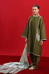 WINTER-3PC Dhanak Embroidered Shirt With Dhanak Twil Print Wool Shawl & Trouser-3361