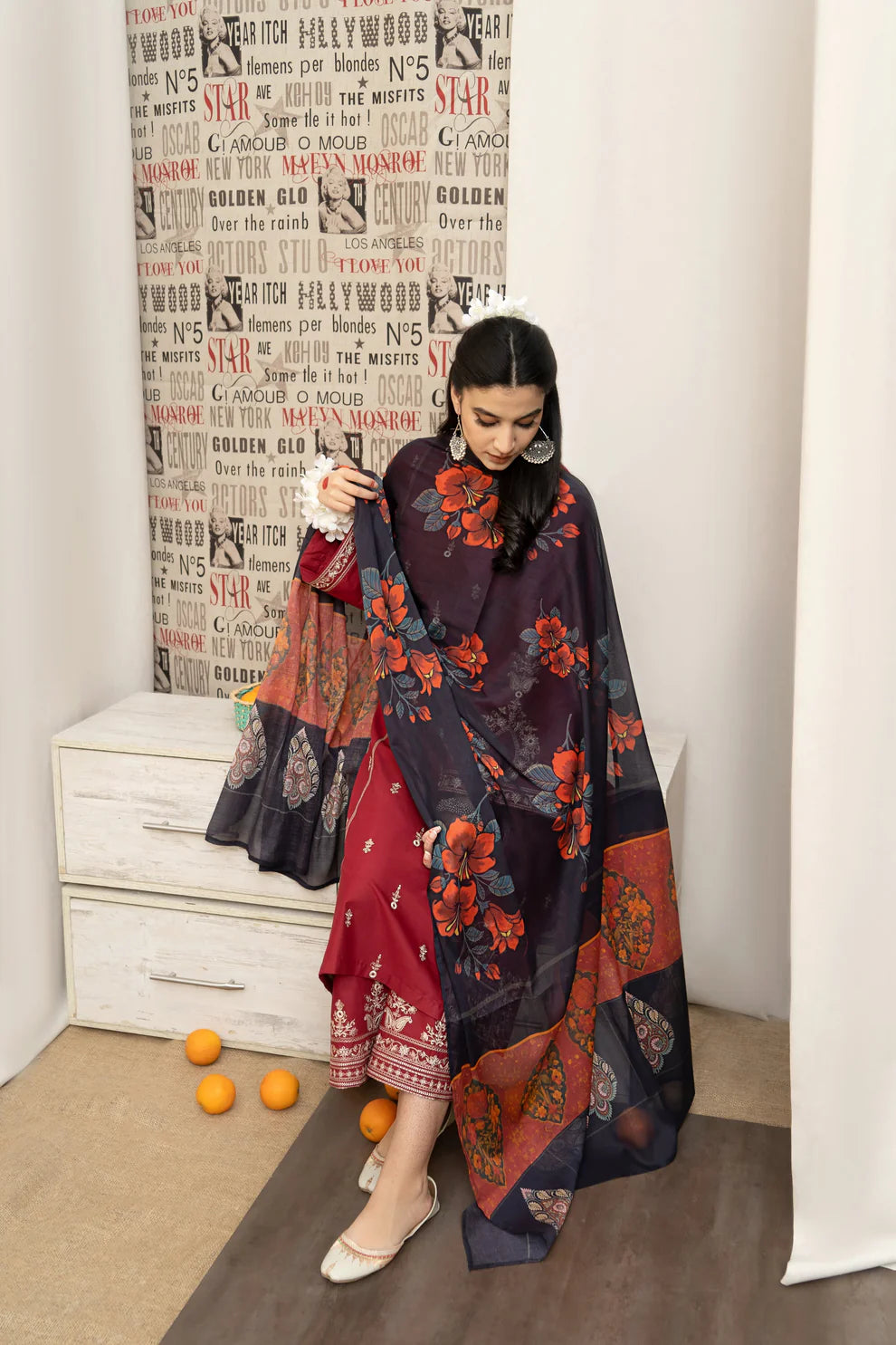 WINTER- 3PC DHANAK EMBROIDERED SHIRT WITH COUTURE PRINTED SHAWL AND EMB TROUSER-4059