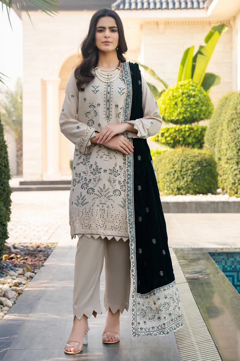 WINTER-3PC DHANAK EMBROIDERED SHIRT WITH VELVET EMBROIDERED READY TO WEAR SHAWL-1520