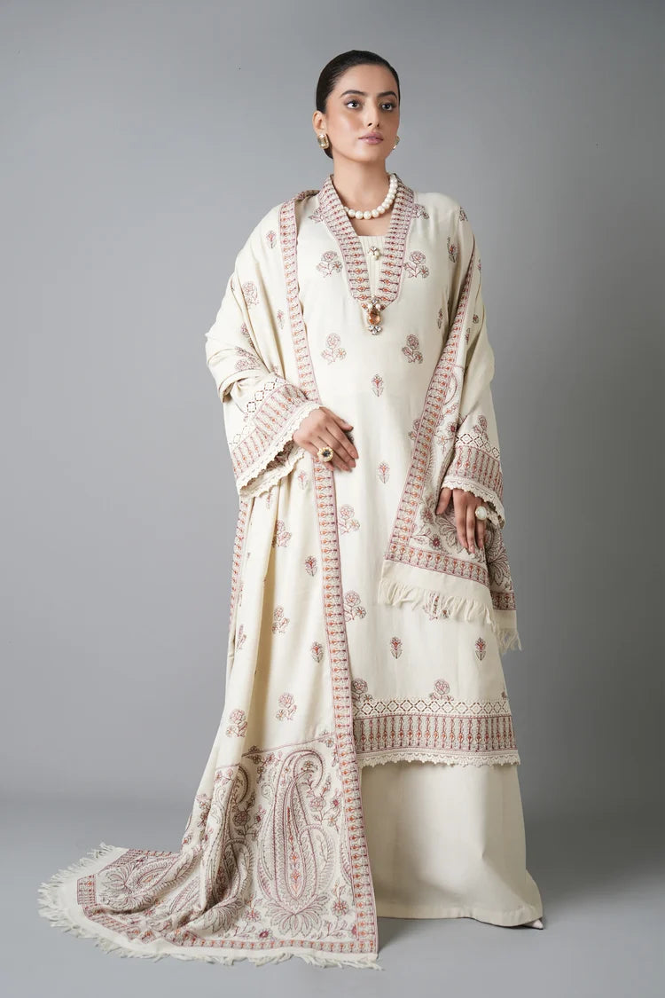 WINTER-3PC KARANDI EMBROIDERED SHIRT WITH KARANDI EMBROIDERED SHAWL AND KARANDI TROUSER-5254