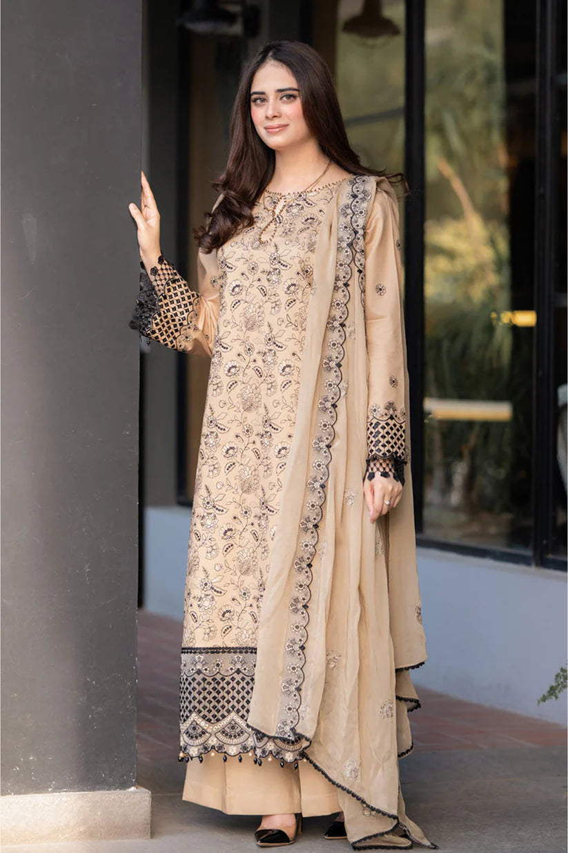WINTER-3PC DHANAK EMBROIDERED SHIRT WITH CHIFFON EMBROIDERED DUPATTA AND TROUSER-4035