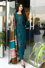 WINTER-3PC KHADDAR CUTWORK EMBROIDERED SHIRT WITH KASHMIRI JACQUARD WOOL SHAWL-1516