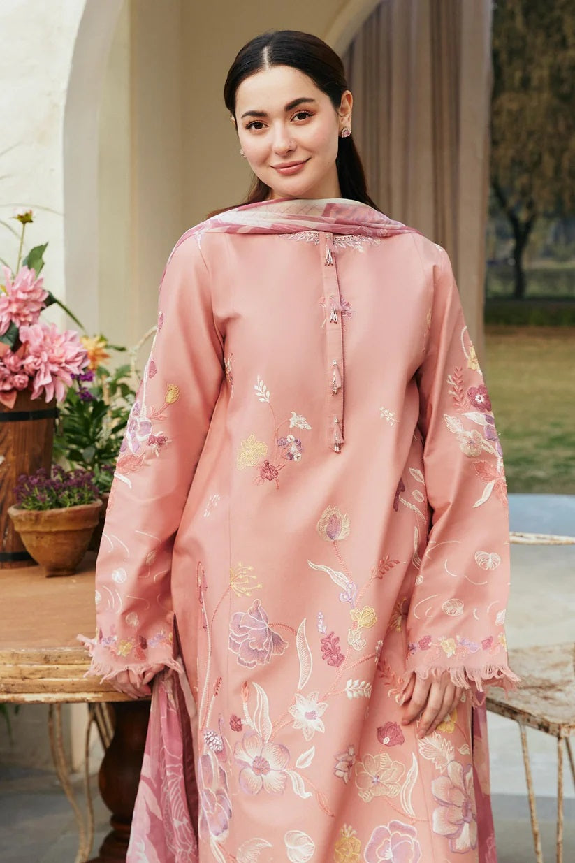 ZARA SHAH JAHAN- 3PC DHANAK EMBROIDERED SHIRT WITH COUTRAI PRINTED SHAWL & EMB TROUSER-ADR-4106