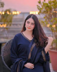WINTER- 3PC DHANAK EMBROIDERED SHIRT WITH TWILL PRINTED SHAWL AND TROUSER-3182