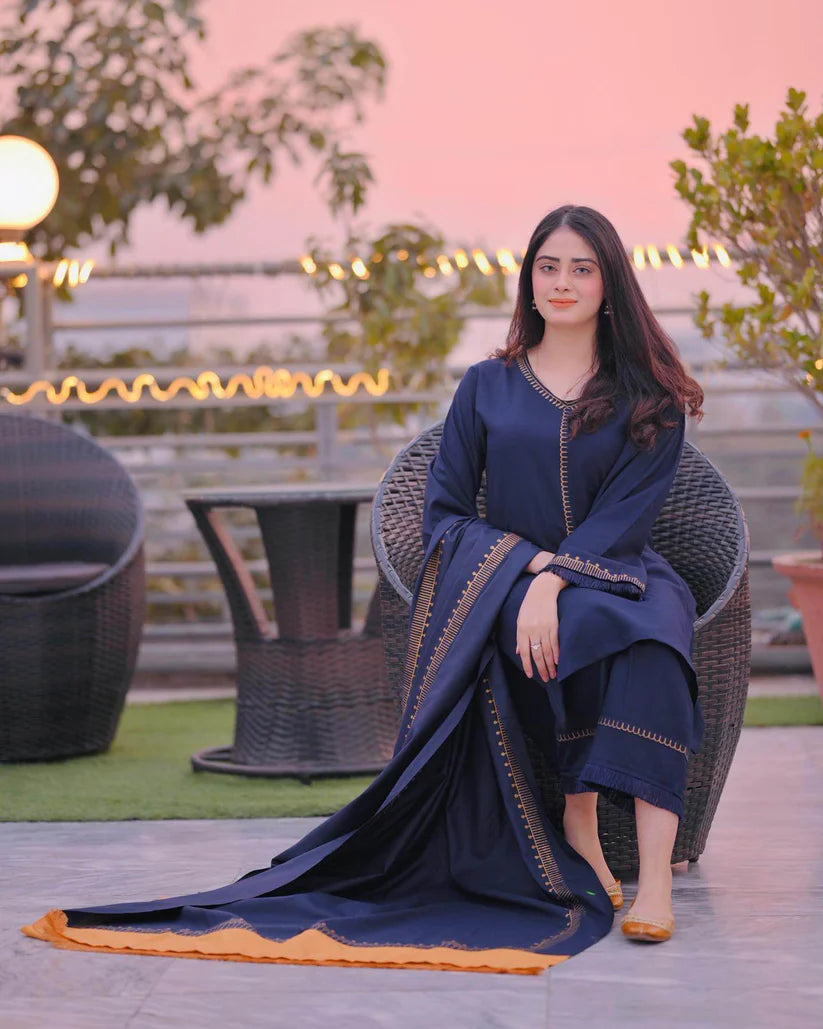 WINTER- 3PC DHANAK EMBROIDERED SHIRT WITH TWILL PRINTED SHAWL AND TROUSER-3182