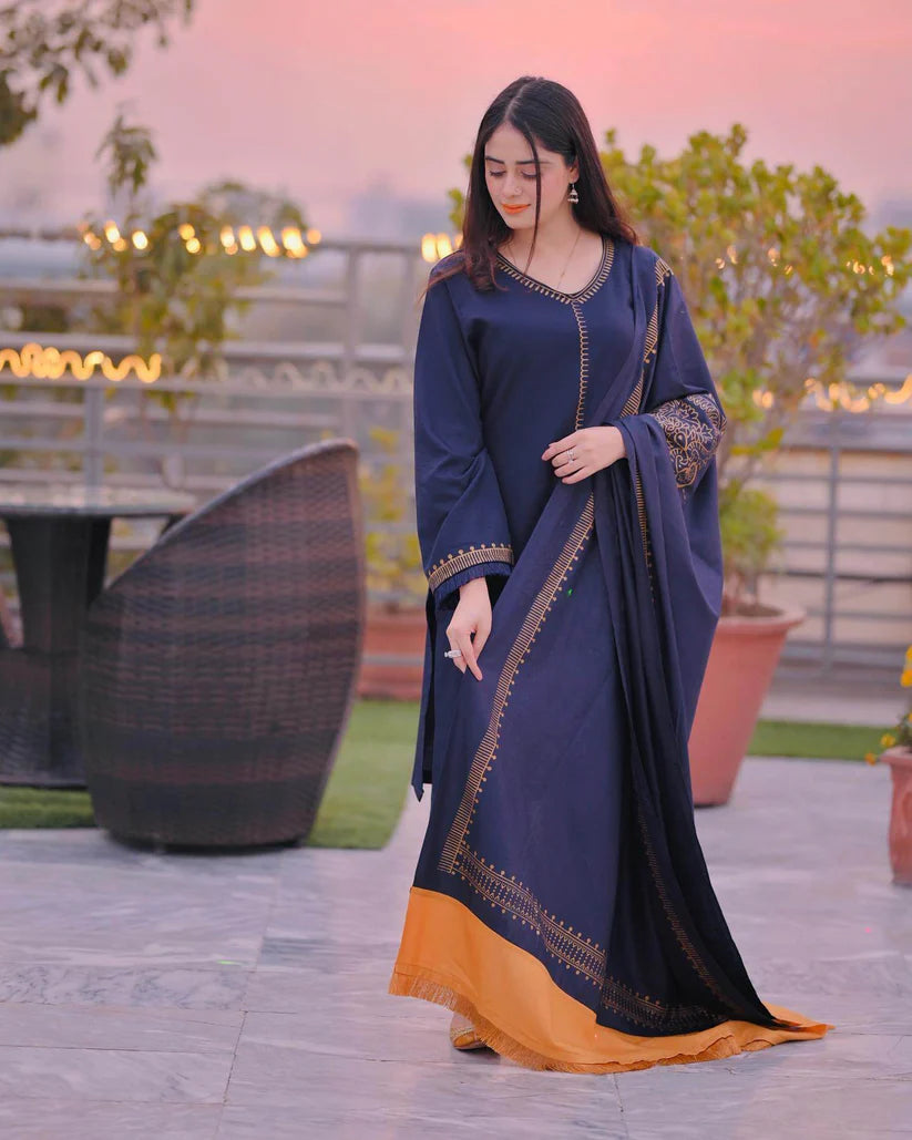 WINTER- 3PC DHANAK EMBROIDERED SHIRT WITH TWILL PRINTED SHAWL AND TROUSER-3182