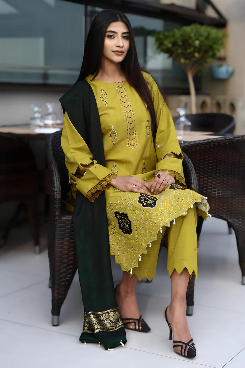 WINTER-3PC KHADDAR CUTWORK EMBROIDERED SHIRT WITH KASHMIRI JACQUARD WOOL SHAWL-1514