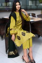 WINTER-3PC KHADDAR CUTWORK EMBROIDERED SHIRT WITH KASHMIRI JACQUARD WOOL SHAWL-1514