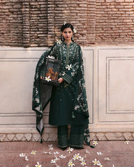 WINTER-3PC DHANAK EMBROIDERED SHIRT WITH COUTRAI PRINTED SHAWL AND EMB TROUSER-5273