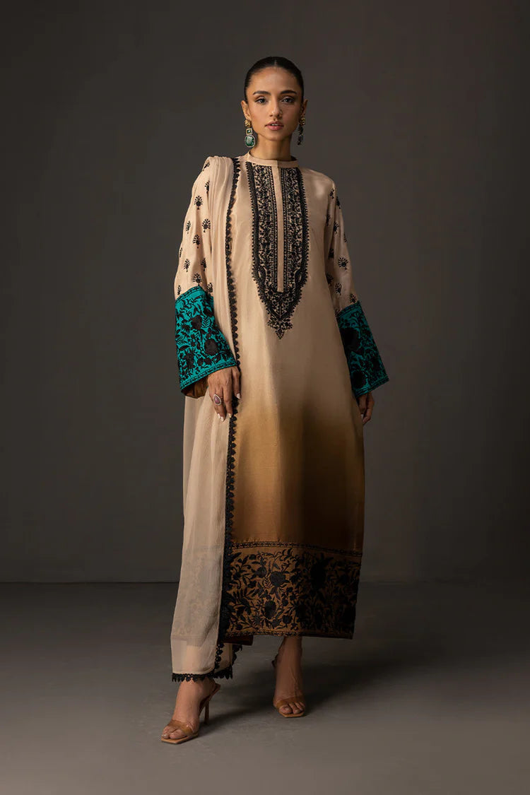 WINTER-3PC SHAMOZ SILK PRINT EMBROIDERED SHIRT WITH SOFT SILK PRINT DUPATTA & SILK TROUSER-1717