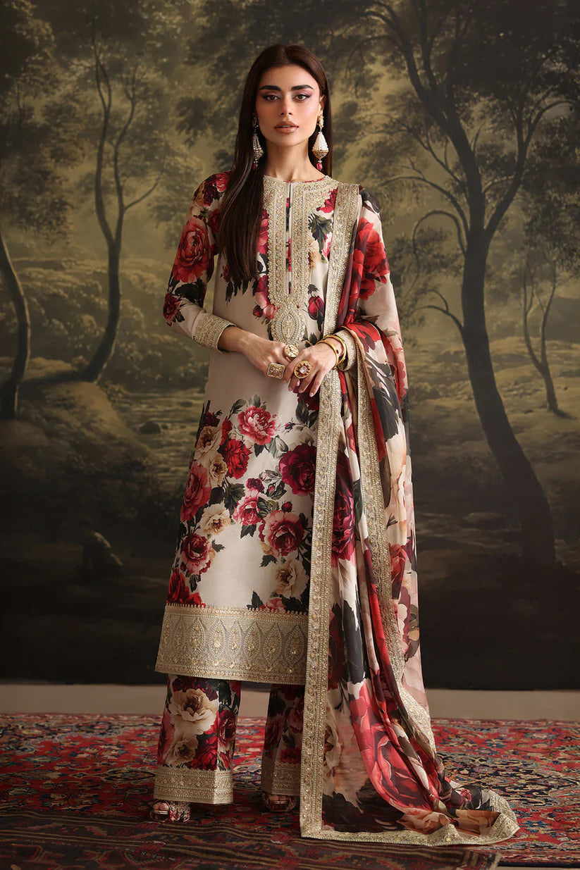 WINTER-3PC SHAMOZ SILK PRINT EMBROIDERED SHIRT WITH SOFT SILK PRINT EMBROIDERED DUPATTA & EMB SILK TROUSER-1706